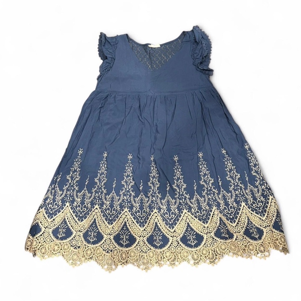 Altar’d State Blue Lace Hem Boho Babydoll Dress Embroidered Scallop Small Fairy